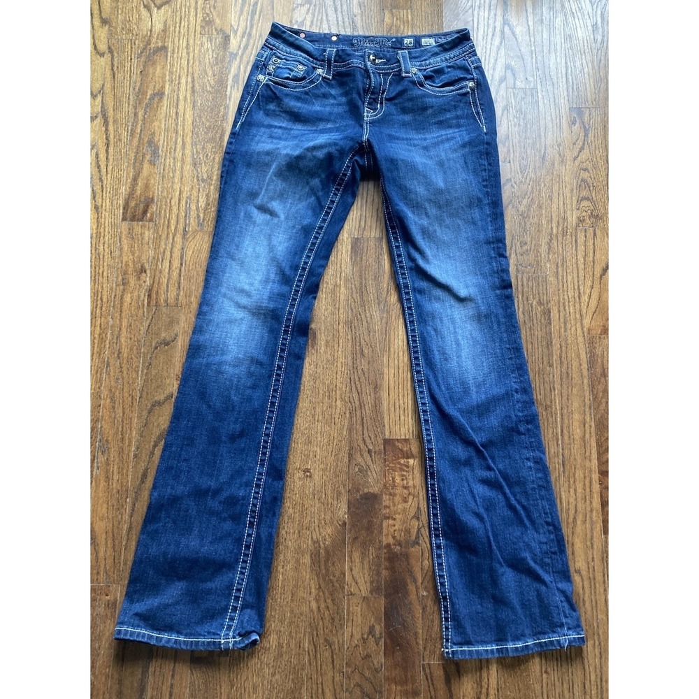 Miss Me Jeans Mid Rise Easy Boot Size 28 Embellished Flap Pockets Blue Denim